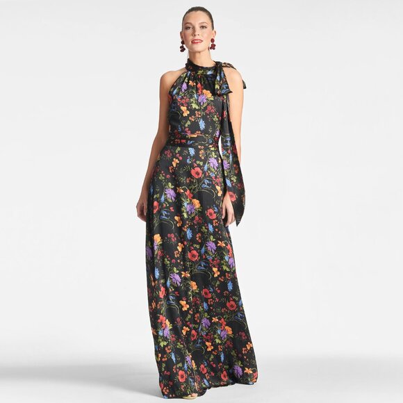 Sachin + Babi | Chiffon Halter Neck Kayla Gown in Noir Wildflower | NWT - Picture 1 of 8